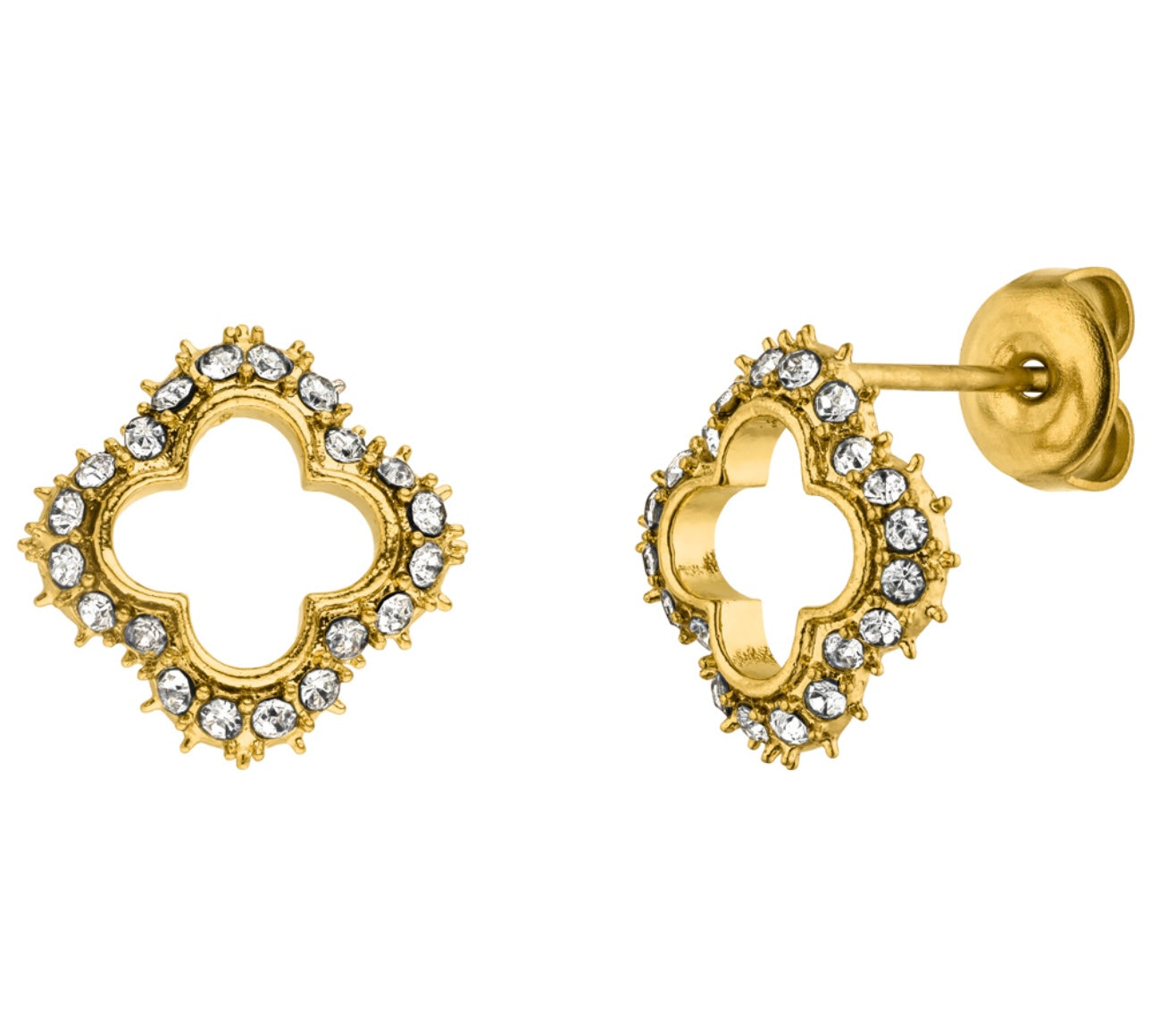 Entdecke unsere wasserfesten und mit funkelnden Steinchen besetzten Kleeblatt Ohrringe in Gold.