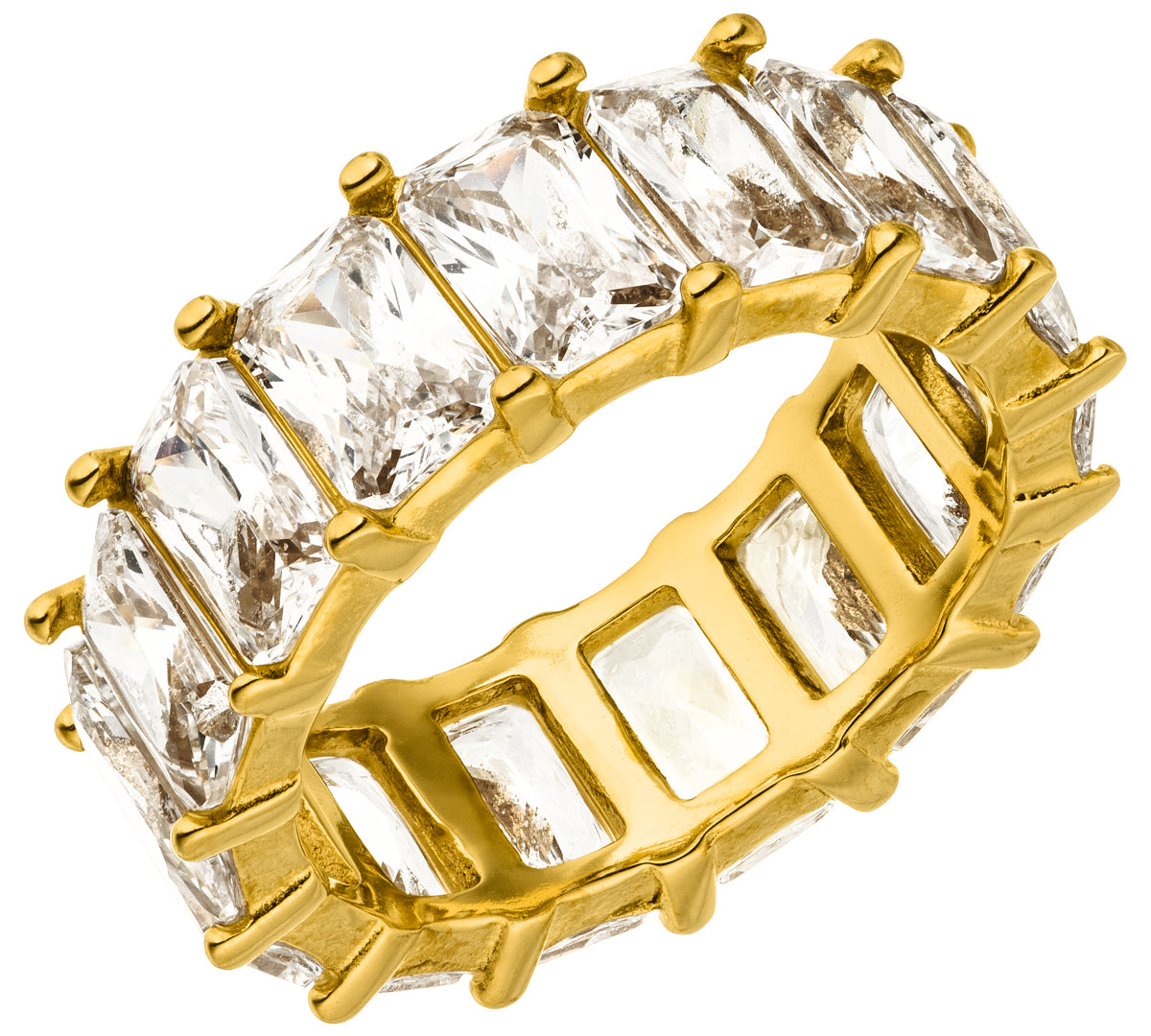 Wasserfester breiter Ring mit rundum funkelnden Zirkonia-Steinen in Gold.