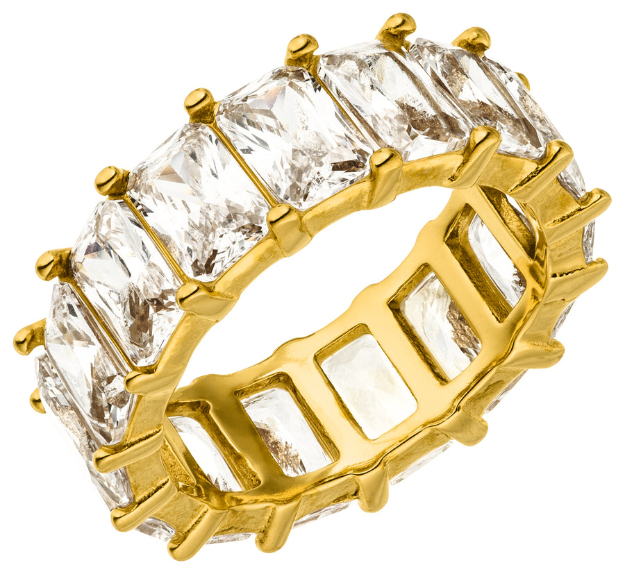 Wasserfester breiter Ring mit rundum funkelnden Zirkonia-Steinen in Gold.