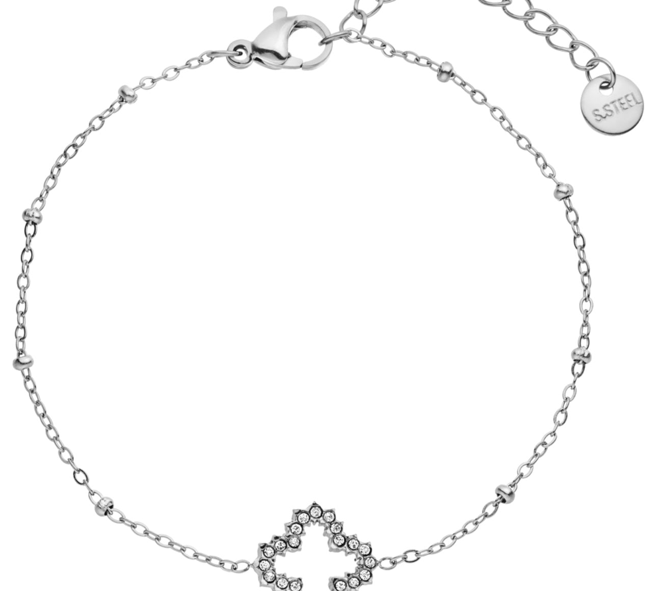 Silbernes Armband mit Kleeblatt-Motiv, dass nicht abfärbt und wasserfest ist.