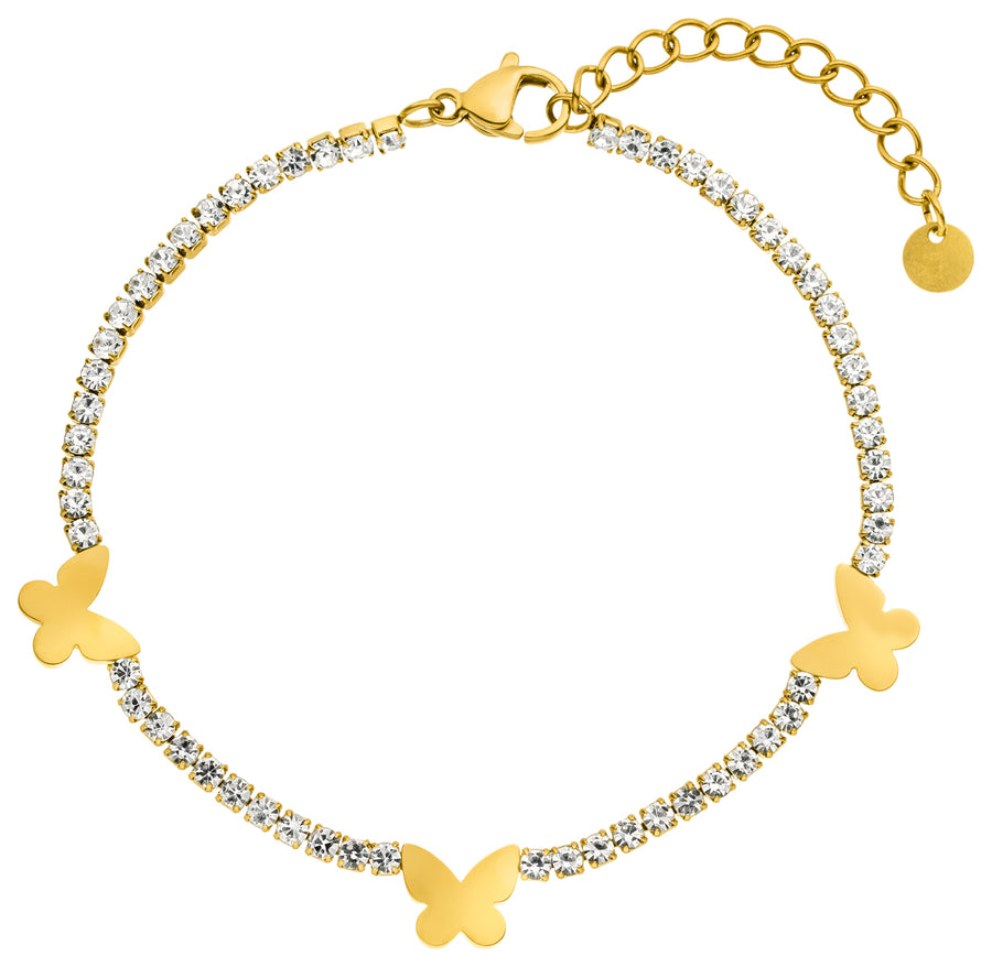 Entdecke unser funkelndes wasserfestes Tennis Armband mit Schmetterling-Motiven in Gold.