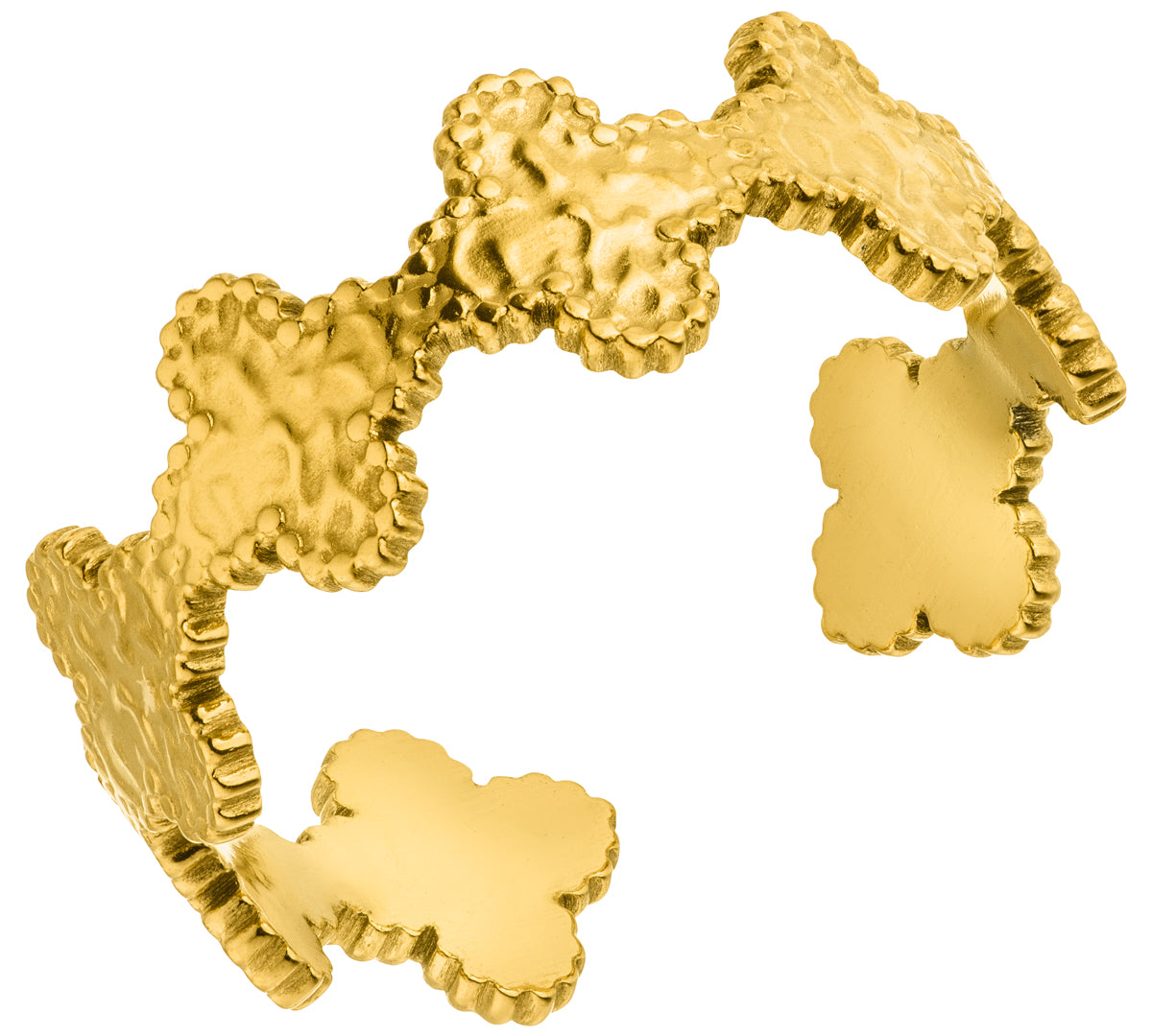 Entdecke unseren größenverstellbaren Nila Ring mit Kleeblatt Motiven in Gold, wasserfest und färbt nicht ab.