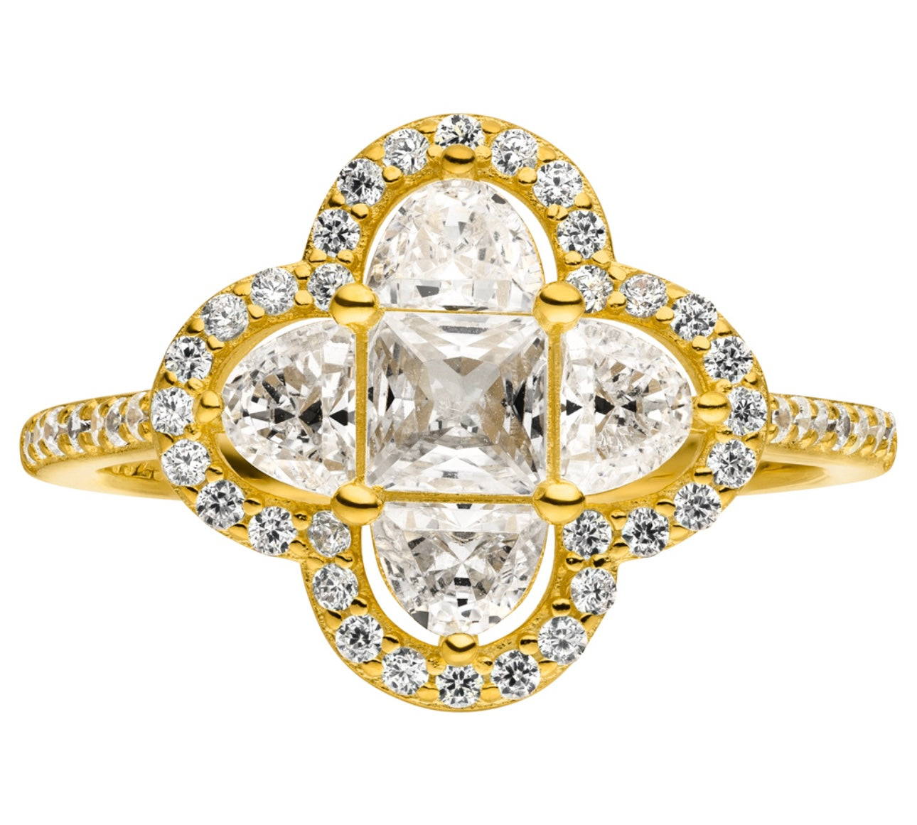 Wunderschöner funkelnder Kleeblatt Ring aus 925er Sterling Silber in Gold.