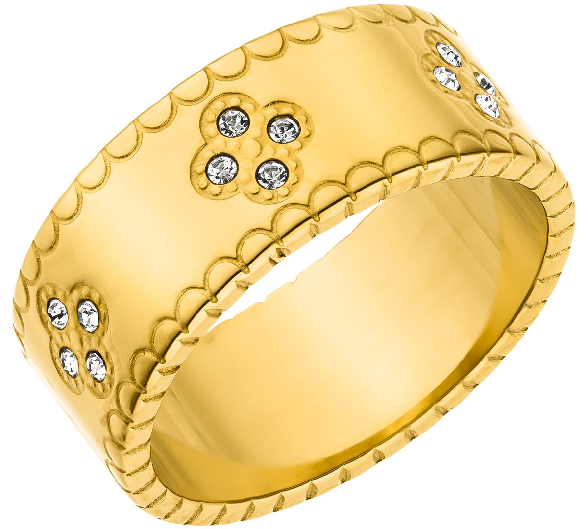 Breiter Ring mit Steinchen besetzten Kleeblatt-Motiven in Gold, wasserfest und färbt nicht ab.